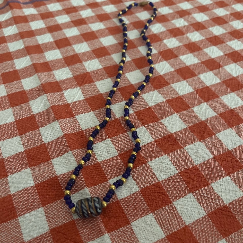 purple and gold tone beaded necklace handmade